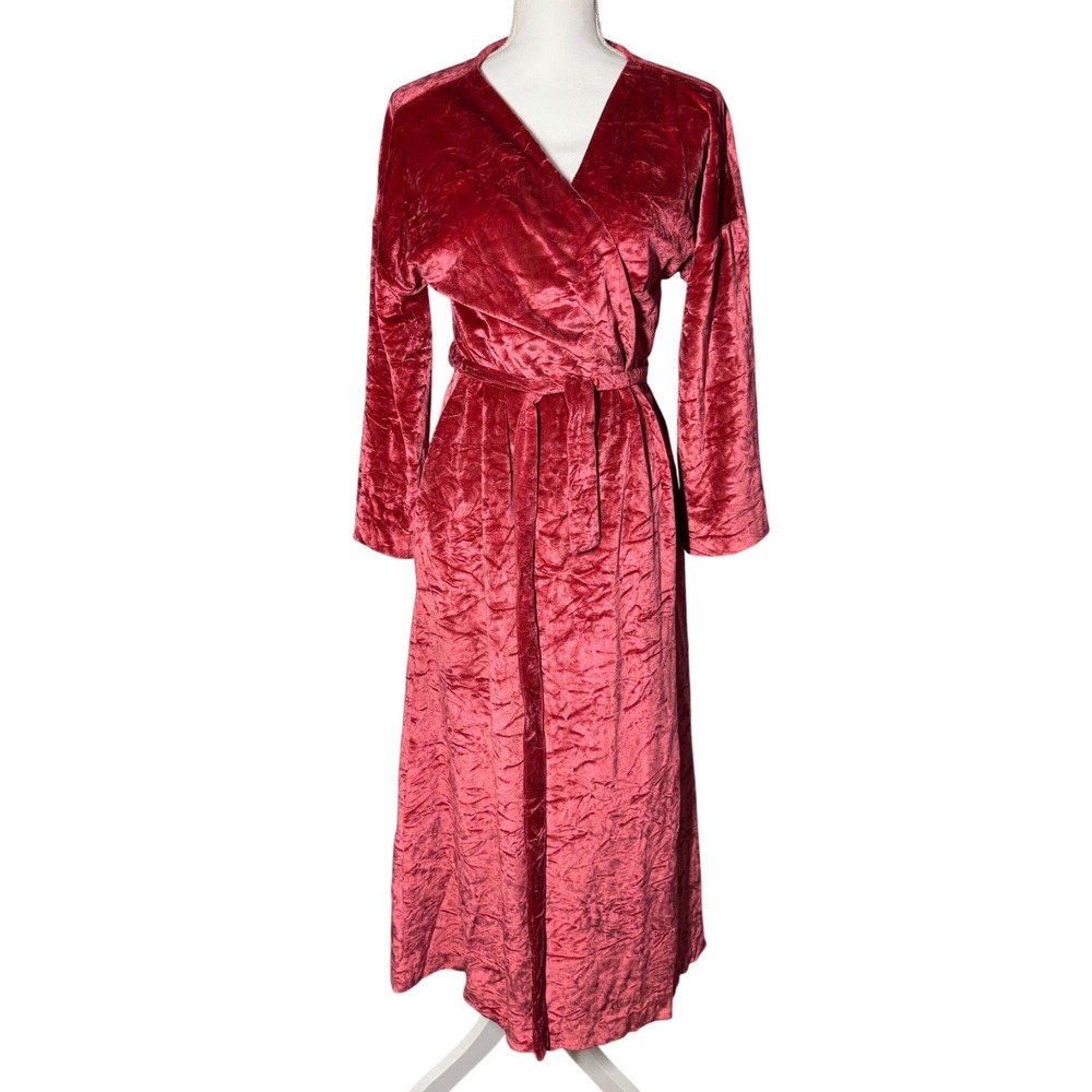 Vintage Velvet Wrap Robe S Red Good Crushed Arnel Triacetate Long Dressing Gown